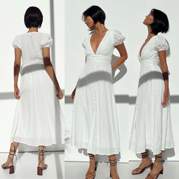 Princess Polly Attal White Deep V Puff Sleeve Button Front Midi Dress - Picture 13 of 13